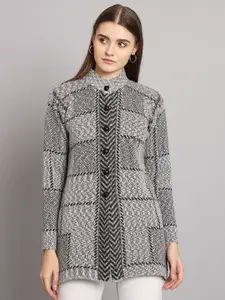 eWools Checked Band Collar Acrylic Wool Longline Cardigan Sweater