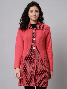 eWools Geometric Embroidered Acrylic Wool Longline Cardigan Sweater