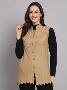 eWools Embroidered Mandarin Collar Sleeveless Wool Front-Open Sweaters