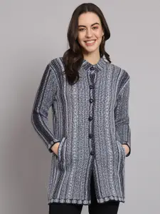 eWools Striped Band Collar Acrylic Wool Longline Cardigan Sweater