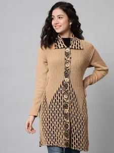eWools Self Design Lapel Collar Long Sleeves Woollen Longline Cardigan Sweater