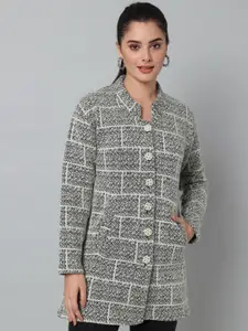 eWools Checked Mandarin Collar Long Sleeves Woollen Longline Cardigan Sweater