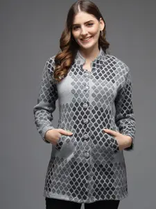 eWools Geometric Printed Mandarin Collar Acrylic Wool Longline Cardigan Sweater