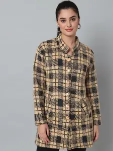 eWools Checked Mandarin Collar Acrylic Wool Longline Cardigan Sweater