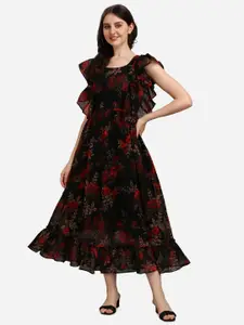 KALINI Floral Printed Flutter Sleeve Ruffled Georgette Fit & Flare Dress