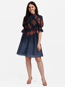 KALINI Ethnic Motifs Printed High Neck Puff Sleeve Smocked Georgette Fit & Flare Dress