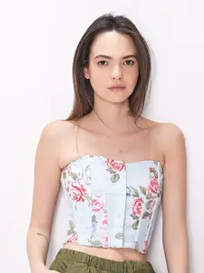 COVER STORY White Floral Printed Strapless Tube Crop Top