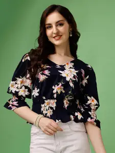KALINI Floral Printed V-Neck Puff Sleeve Top