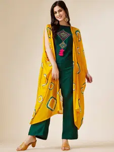 Sangria Green Embroidered Round Neck Sleeveless Top With Palazzo & Shrug