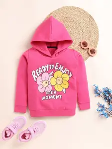 YK Girls Typography Printed Hooded Cotton Sweatshirt