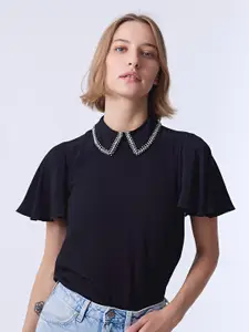 COVER STORY Black Peter Pan Collar Flared Sleeves Crepe Beads & Stones Top