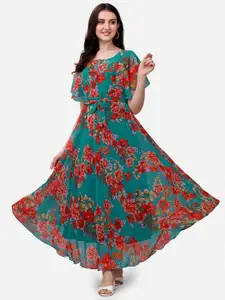 KALINI Floral Printed Flared Sleeves Maxi Dress