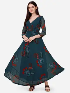 KALINI Ethnic Motifs Printed V-Neck Tie Up Georgette Wrap Dress