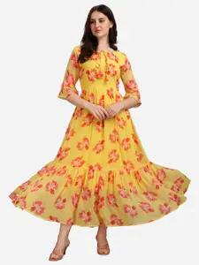 KALINI Floral Printed Bell Sleeves Gathered Maxi Dress