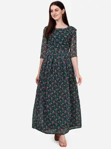 KALINI Floral Printed Round Neck Pleated Georgette Maxi Dress