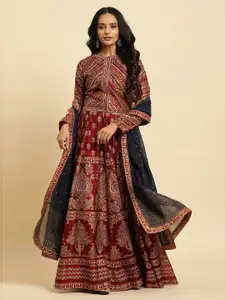 WISHFUL Ethnic Motifs Printed Sequinned Fit & Flare Maxi Dress With Dupatta