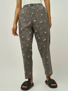 Bewakoof Women Grey Mid-Rise Printed Cotton Lounge Pants