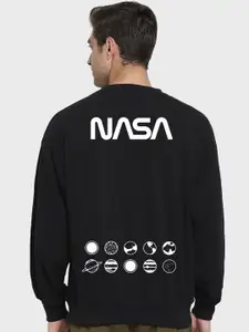 Bewakoof Black Typography Printed Fleece Nasa Merchandise Oversized Pullover Sweatshirt