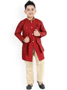 BAESD Boys Chevron Embroidered Mandarin Collar Sequined Kurta With Trouser