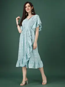 KALINI Floral Printed V-Neck Flutter Sleeve Ruffled Georgette A-Line Midi Dress