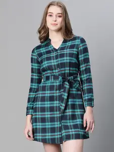Oxolloxo Checked Mandarin Collar Tie Ups Cotton Shirt Dress