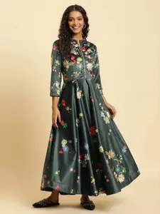 WISHFUL Floral Printed Squinned Fit & Flare Velvet Maxi Ethnic Dress
