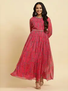 W Pink Self Design Embellished Maxi Ethnic Dress