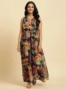 W Floral Print V-Neck Sleeveless Maxi Dress