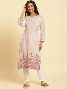 W White Striped Keyhole Neck Puffed Sleeves Thread Work Straight Kurta