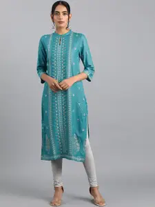 W Blue Floral Printed Keyhole Neck Straight Kurta