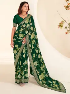 Saree mall Green & Gold-Toned Floral Printed Zari Pure Georgette Sarees