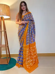 Saree mall Blue & Yellow Ethnic Motifs Printed Pure Cotton Ikat Sarees
