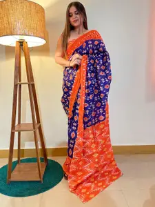 Saree mall Blue & Red Ethnic Motifs Printed Pure Cotton Ikat Sarees