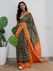 Saree mall Green White Geometric Printed Poly Cotton Ikat Sarees