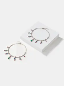 SHAYA Set Of 2 925 Sterling Silver Stone-Studded & Beaded Anklets
