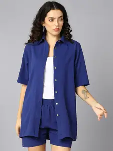The Roadster Lifestyle Co. Blue Oversized Bubble Crepe Casual Shirt