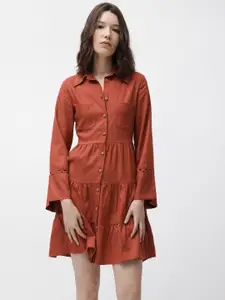 RAREISM Shirt Collar Flared Sleeves Tiered Cotton Mini Shirt Dress