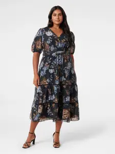 Forever New Floral Printed V-Neck Gathered Fit & Flare Midi Dress