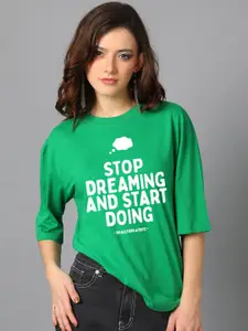 Kotty Green Typography Printed Drop-Shoulder Sleeves Oversized T-shirt