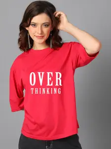 Kotty Red Typography Printed Oversized T-shirt
