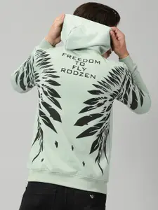 Rodzen Conversational Printed Hooded Neck Long Sleeve Fleece Pullover Sweatshirt