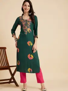 Sangria Green Floral Embroidered Round Neck A-Line Kurta
