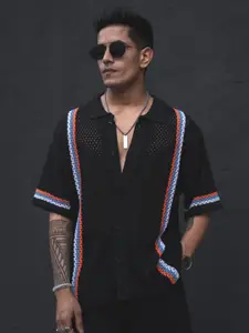 Powerlook Black India Slim Self Design Sheer Oversized Casual Shirt