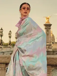 Mitera Blue Floral Woven Design Zari Detailed Satin Saree