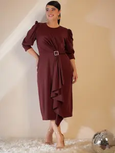CURVE BY KASSUALLY Brown Puff Sleeves Ruffled A-Line Midi Dress