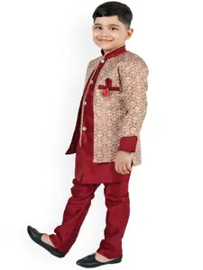 BAESD Boys Mandarin Collar Regular Kurta With Pyjamas With Woven Design Jacket