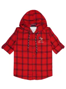 CAVIO Boys Comfort Fit Tartan Checked Hooded Pure Cotton Casual Shirt With T-Shirt
