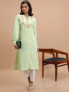 Vishudh Green Floral Yoke Design Thread Work Straight Kurta