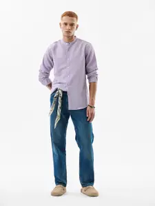 Snitch Purple Classic Self Design Textured Band Collar Cotton Casual Shirt