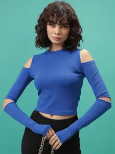Tokyo Talkies Blue Self Design Fitted Cold-Shoulder Crop Top